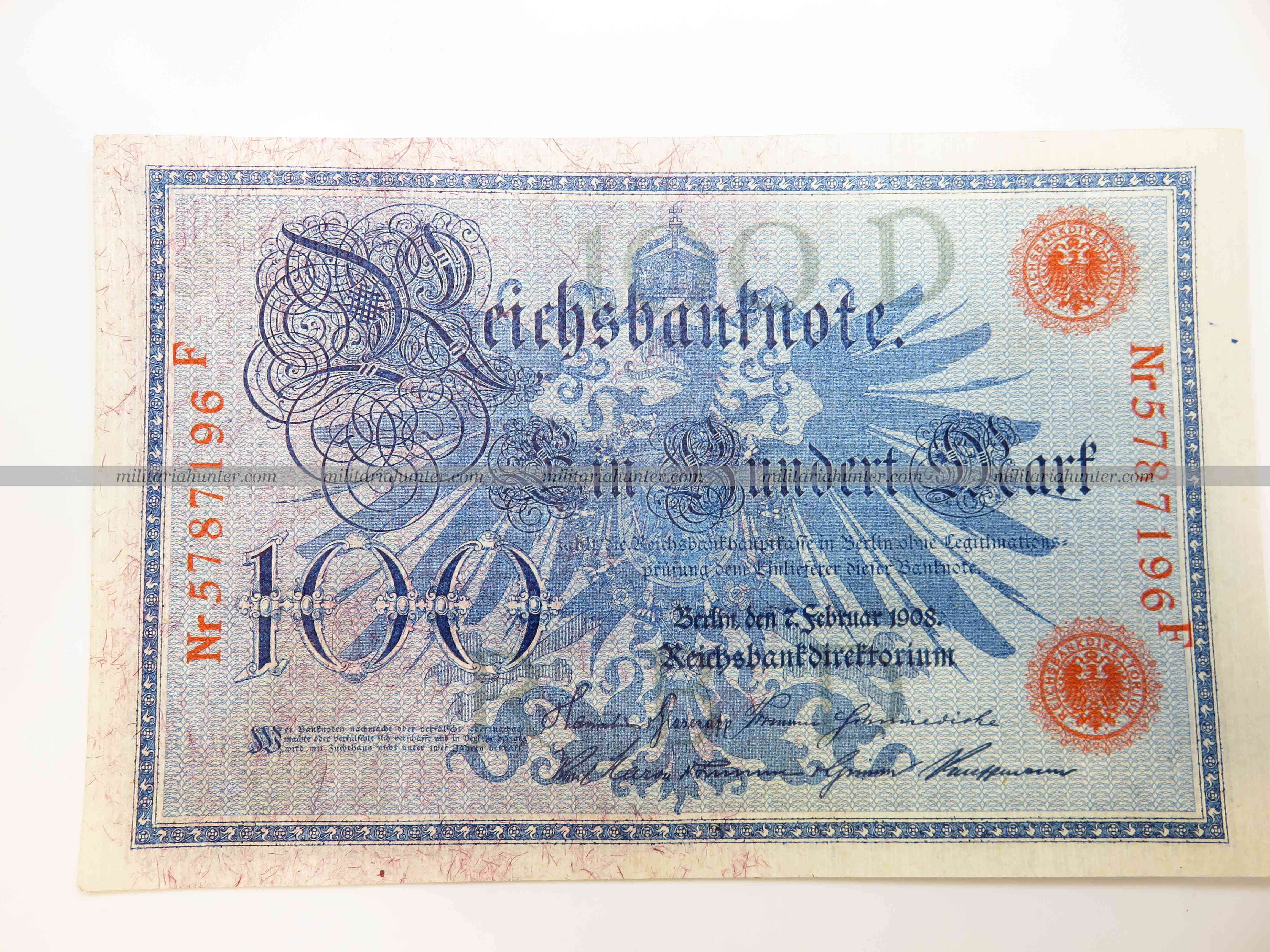 militaria : ww1 german banknote 100 Mark 1908 - billet allemand ww1 de 100 Mark
