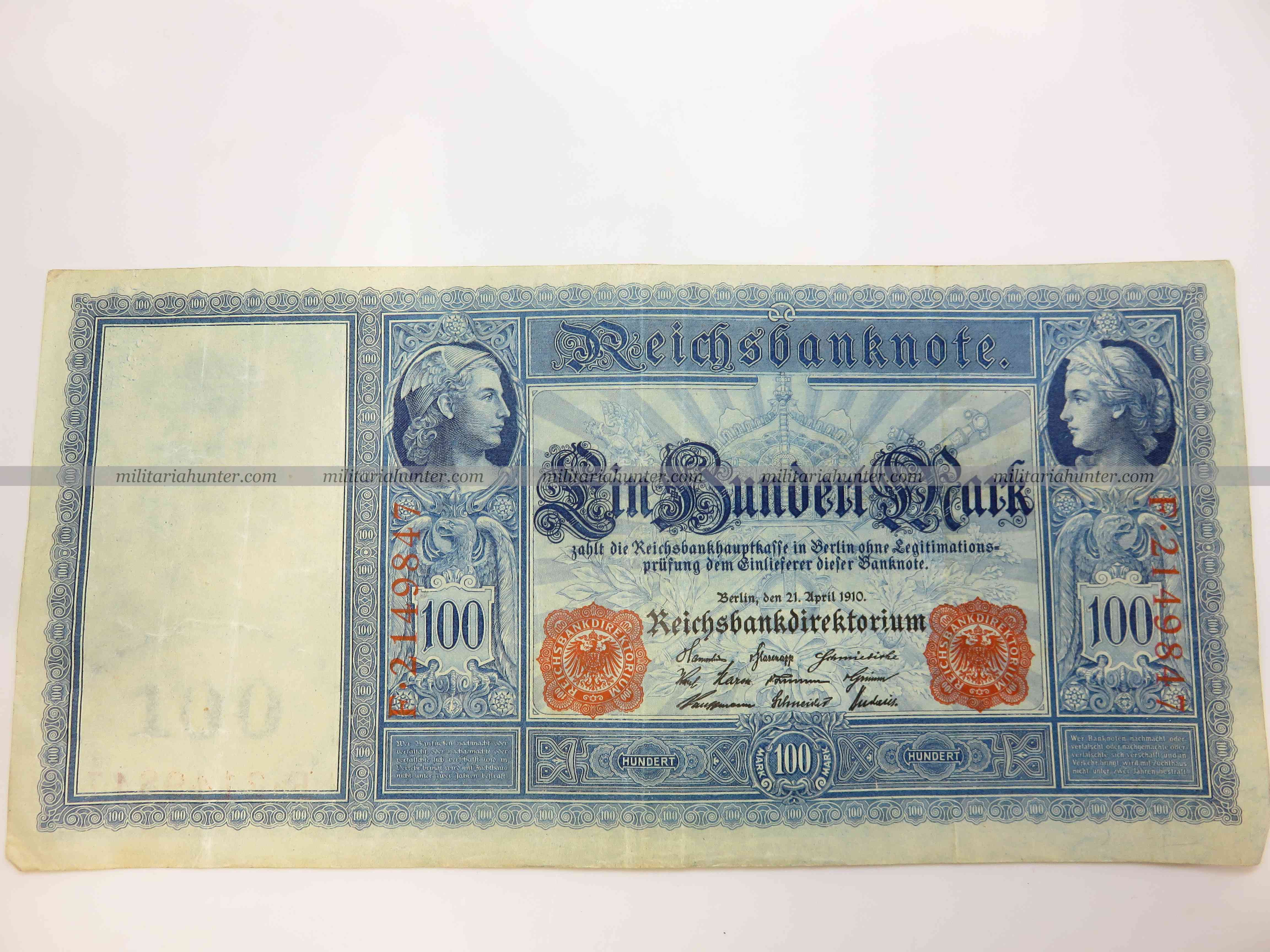 militaria : ww1 german banknote 100 Mark 1910 - billet allemand ww1 de 100 Mark