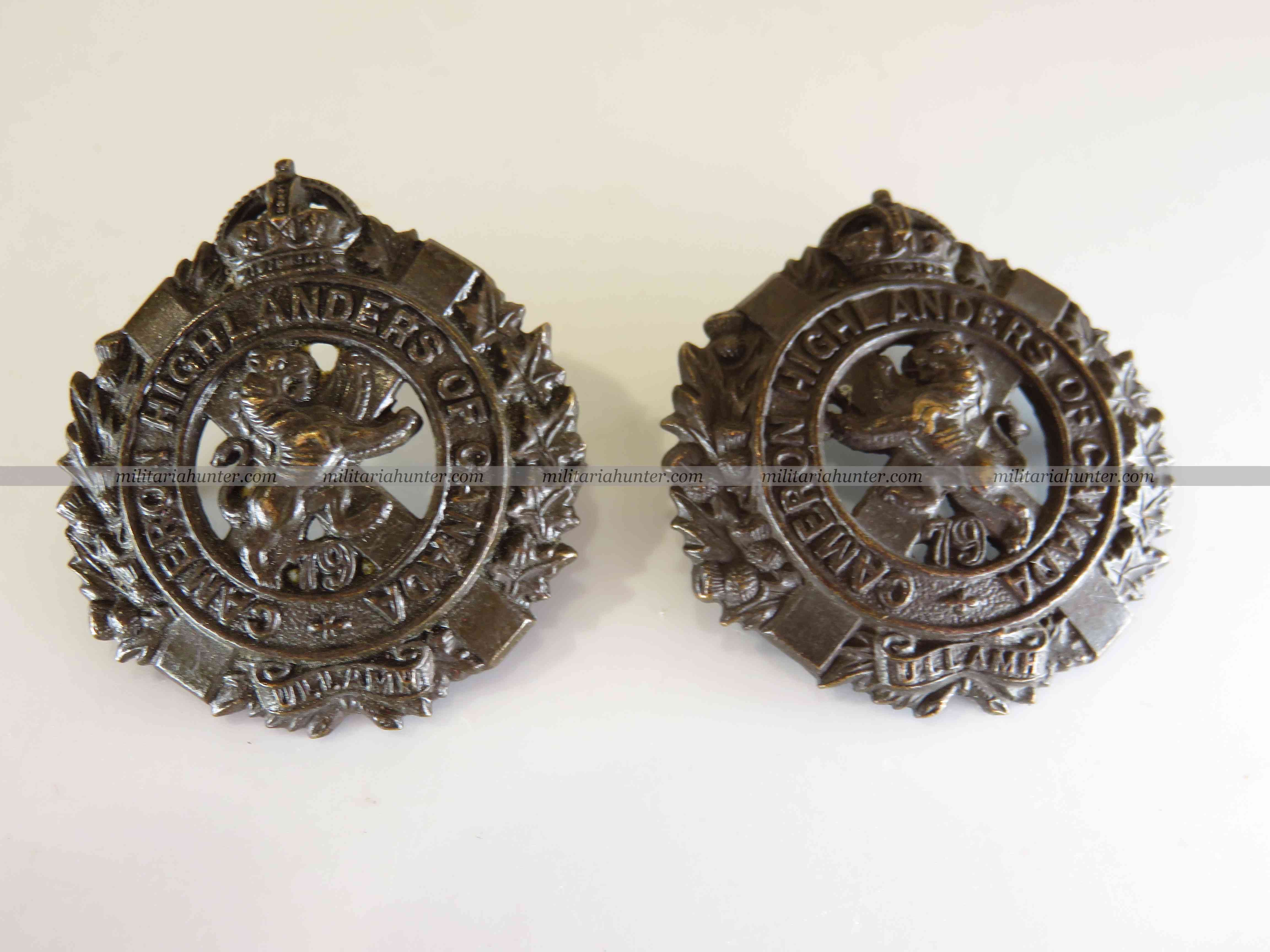 militaria : ww1 Cameron Highlanders of Canada officer collar insignia pair
