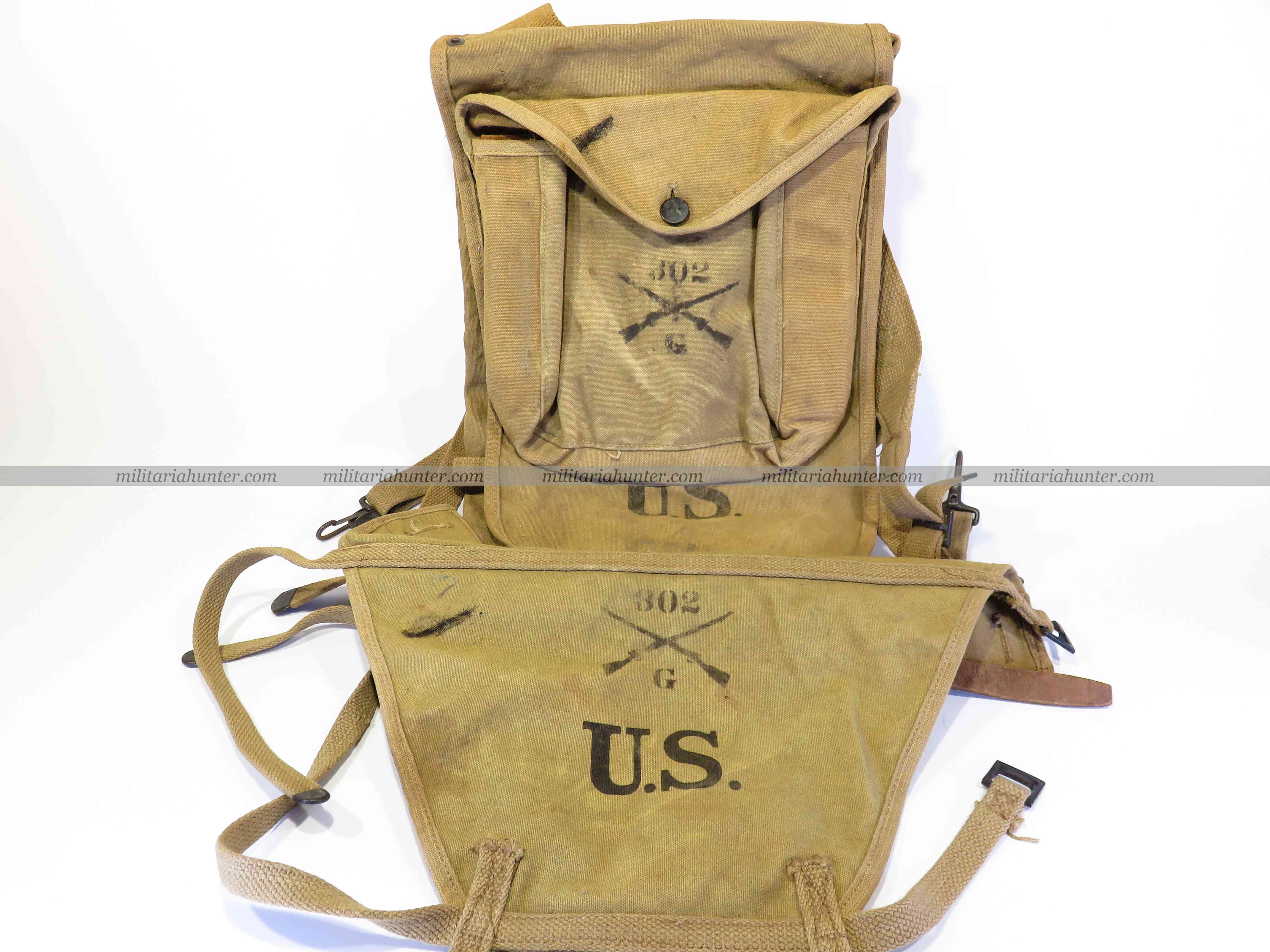 militaria : ww1 US M1910 Haversack with carrier pack stencilled 302nd Infantry