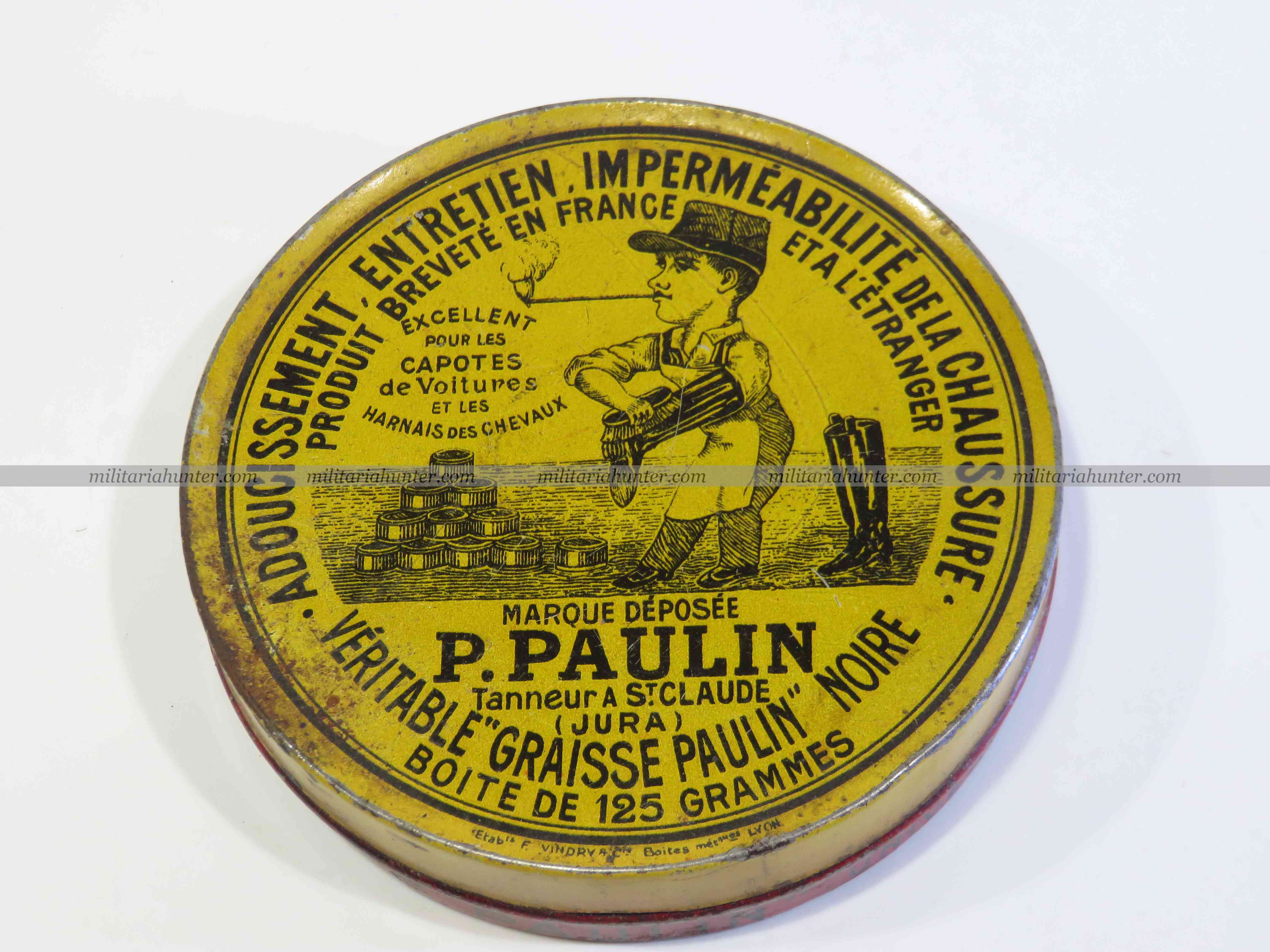 militaria : France ww1 - boîte de graisse Paulin fond rouge - french shoe polish box