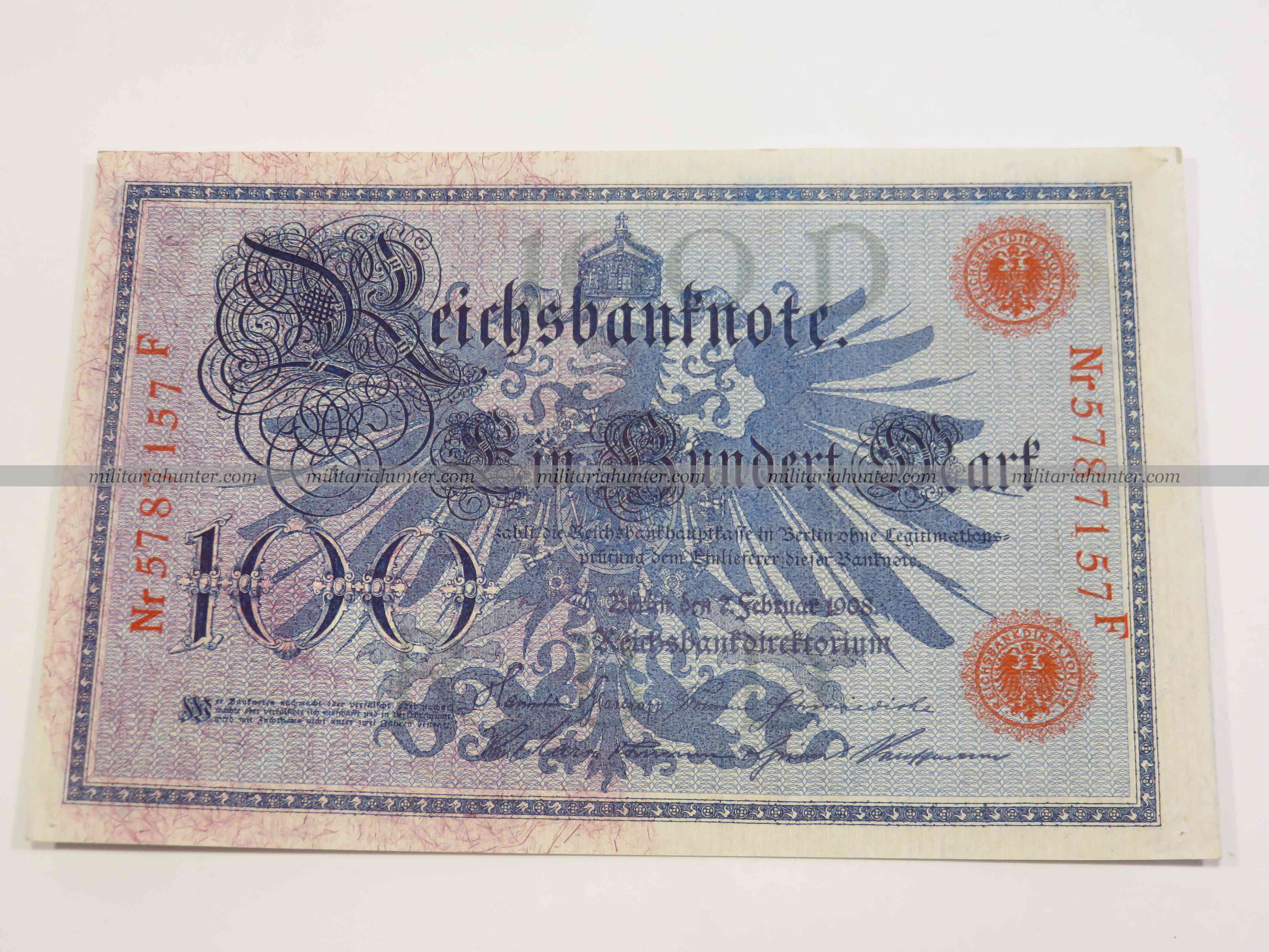militaria : ww1 german banknote 100 Mark 1908 - billet allemand ww1 de 100 Mark