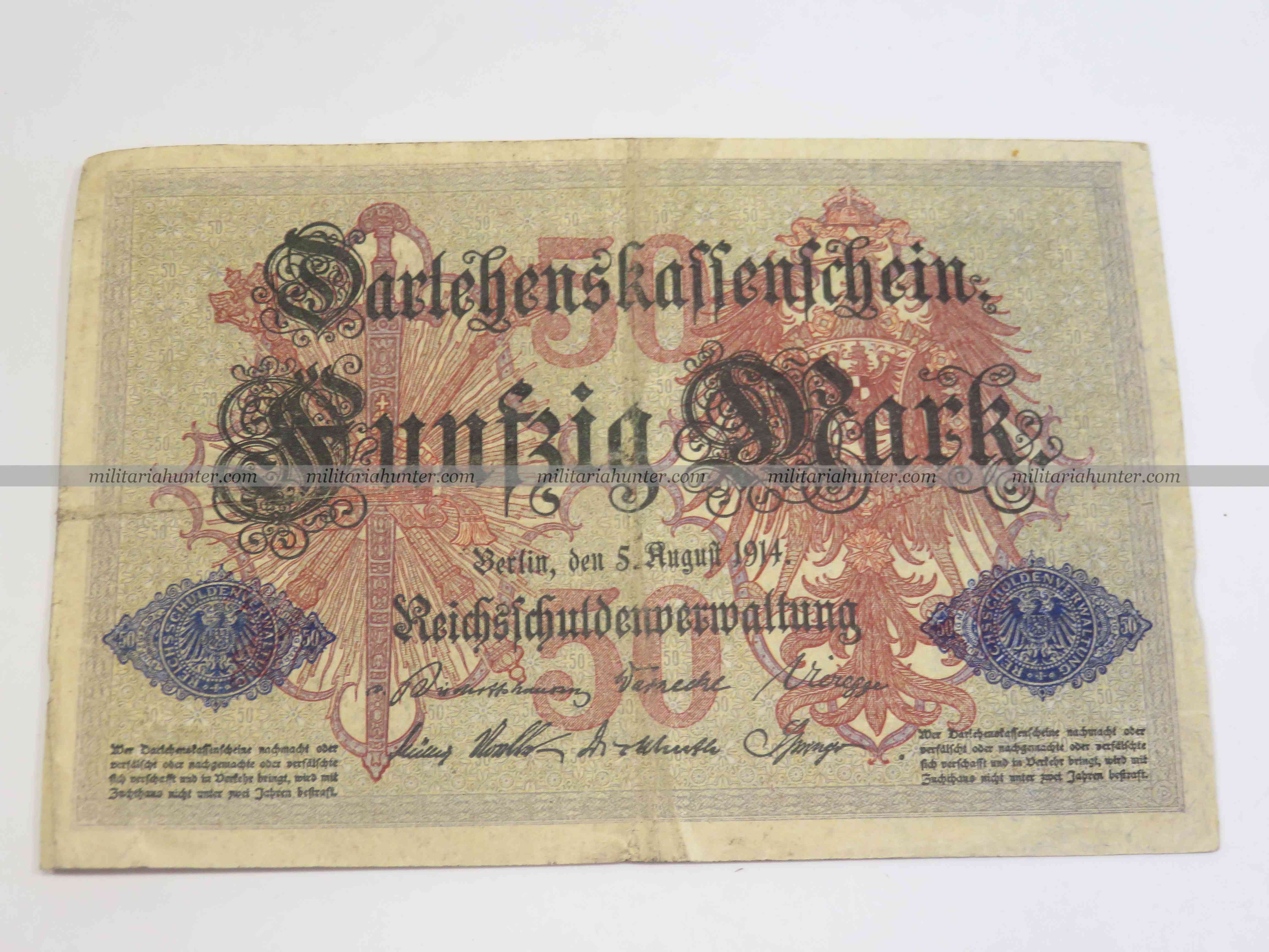 militaria : ww1 german banknote 50 Mark 1914 - billet allemand ww1 de 50 Mark