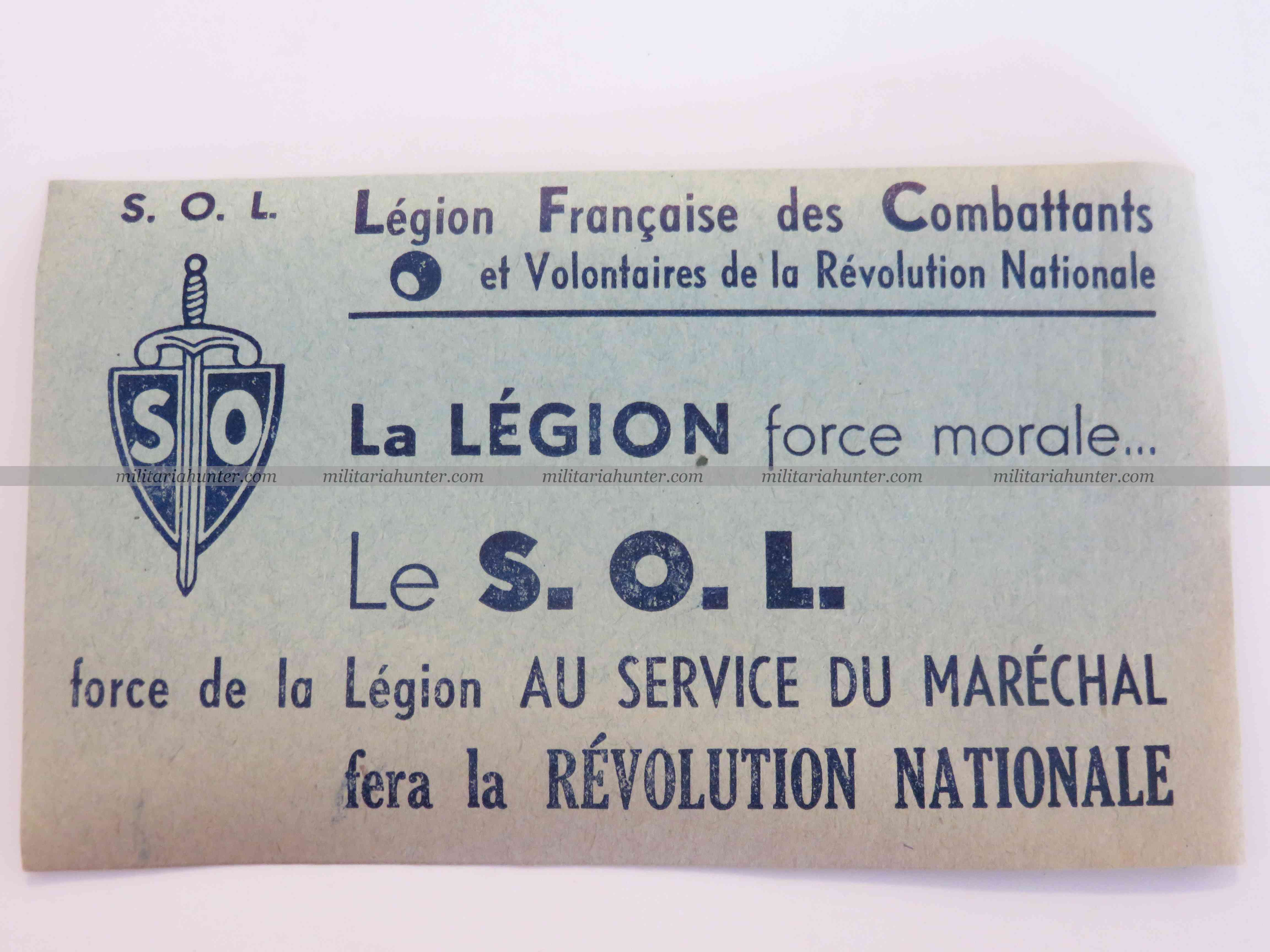 militaria : tract - vignette autocollante du Service d'Ordre Légionnaire #1